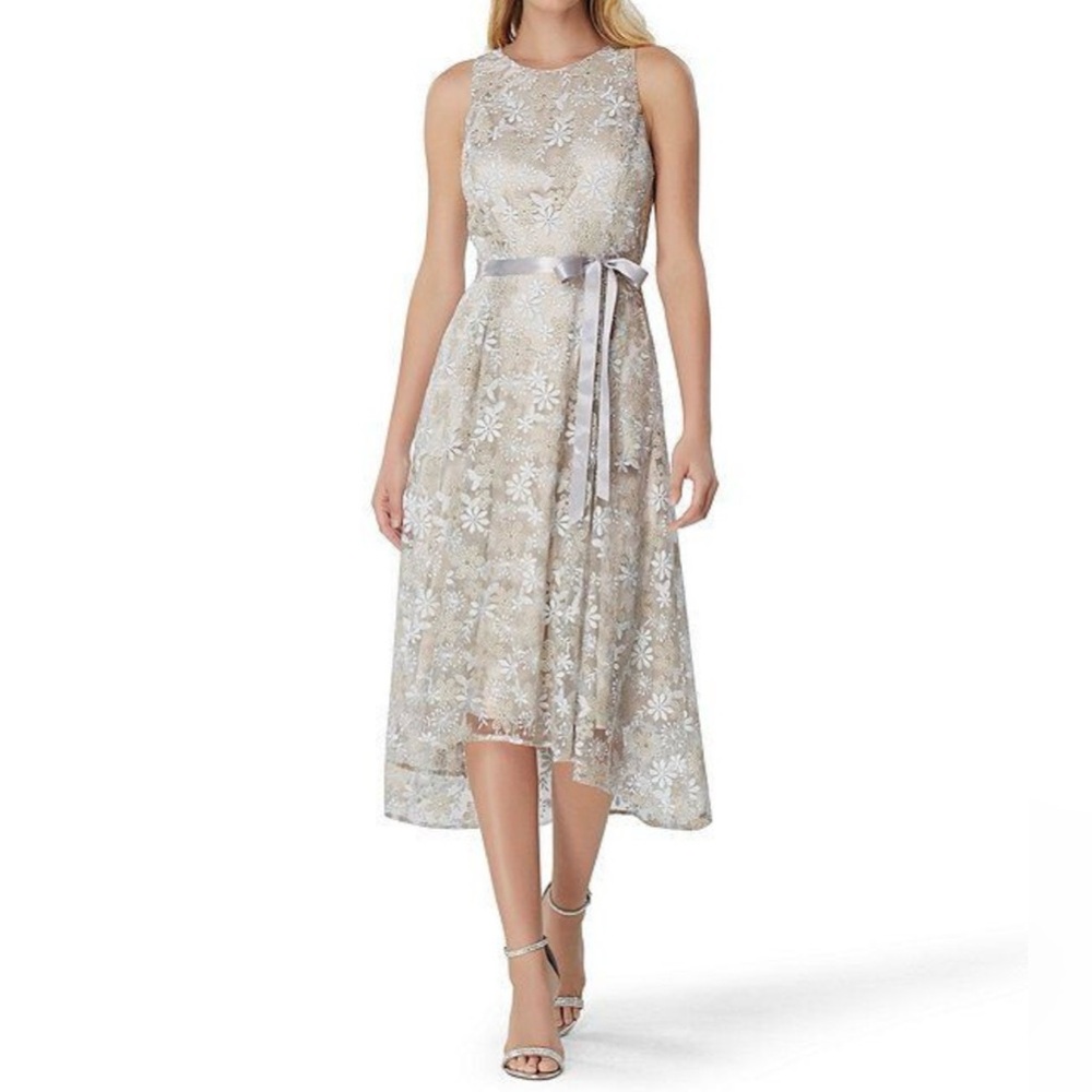 Tahari Embroidered Fit & Flare Hi-Low Midi Dress 4 - Picture 2 of 12